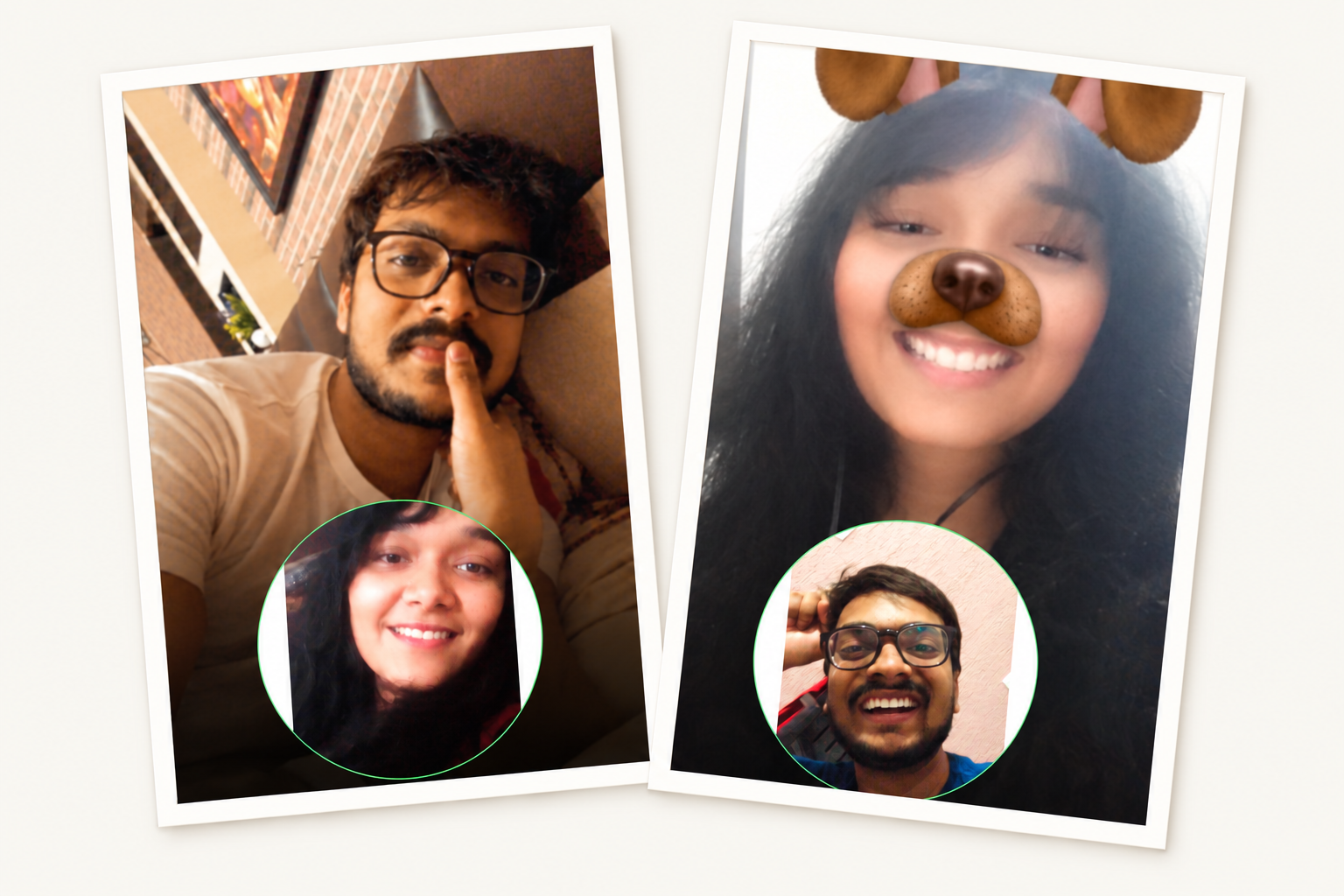 A scrapbook collage of Atul and Unnati on their early video calls